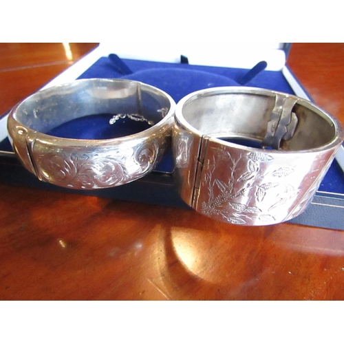 392 - Two Solid Silver Ladies Bangles Hinged Form with Engraved Decoration Safety Chains Present