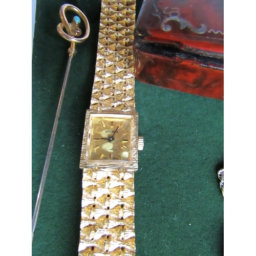 395 - Vintage Ladies Gold Filled Wristwatch with 9 Carat Gold Hat Pin Silver Medallion and Chain with Pill... 