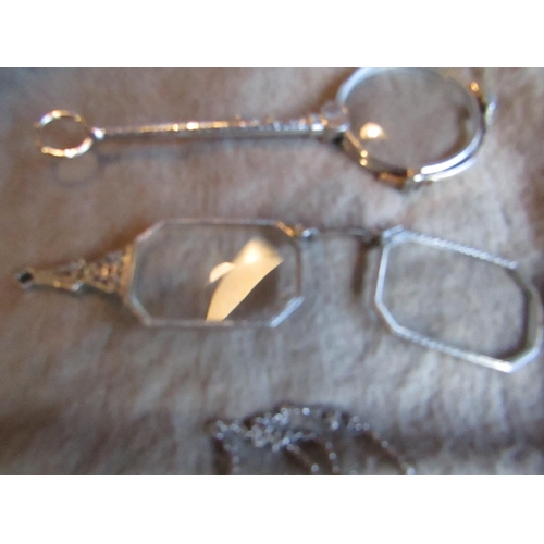 411 - Three Solid Silver Lorgnettes and Glasses and Silver Chain