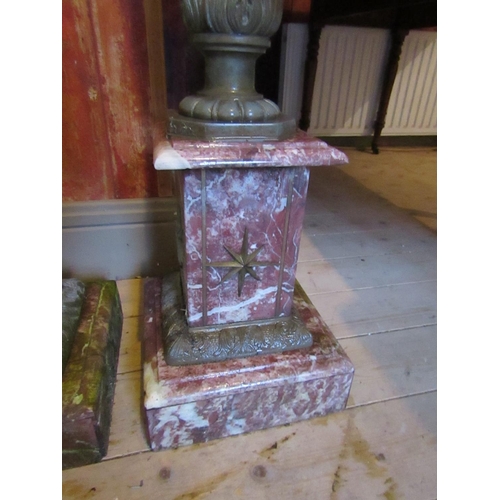 416 - Pair of Rouge Marble Mounted Pedestals Each Approximately 52 Inches High