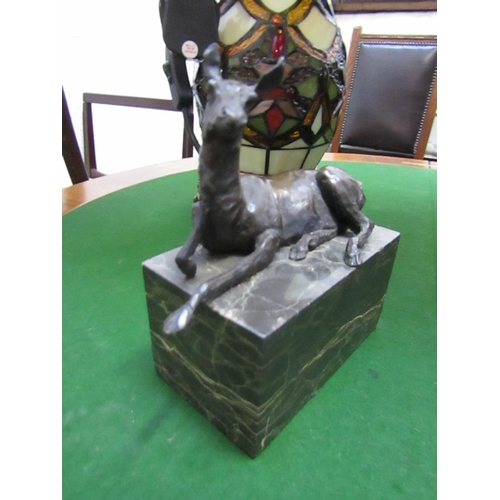 420 - Bronze Sculpture Seated Deer on Rectangular Form Marble Base