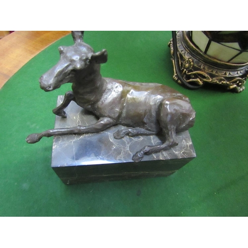 420 - Bronze Sculpture Seated Deer on Rectangular Form Marble Base