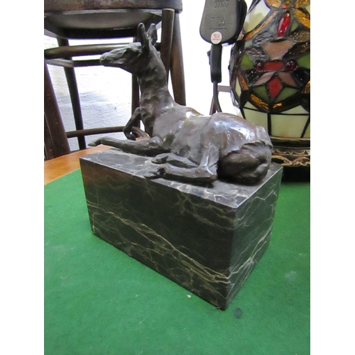 420 - Bronze Sculpture Seated Deer on Rectangular Form Marble Base