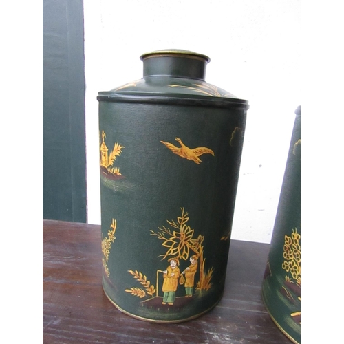 424 - Pair of Green Toleware Green Gilt Decorated Tea Canisters with Circular Form Covers Each Approximate... 