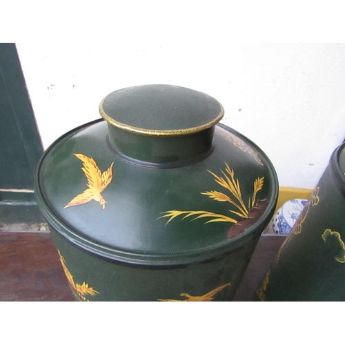 424 - Pair of Green Toleware Green Gilt Decorated Tea Canisters with Circular Form Covers Each Approximate... 