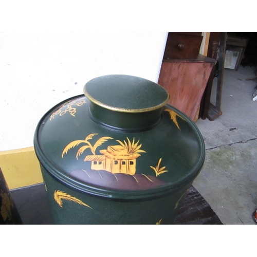 424 - Pair of Green Toleware Green Gilt Decorated Tea Canisters with Circular Form Covers Each Approximate... 