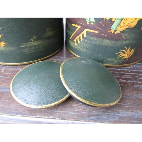 424 - Pair of Green Toleware Green Gilt Decorated Tea Canisters with Circular Form Covers Each Approximate... 