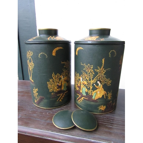 424 - Pair of Green Toleware Green Gilt Decorated Tea Canisters with Circular Form Covers Each Approximate... 