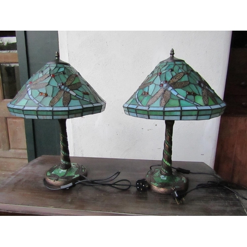 428 - Pair of Tiffany Dragonfly Motif Bronze Pedestal Table Lamps Electrified Working Order Approximately ... 