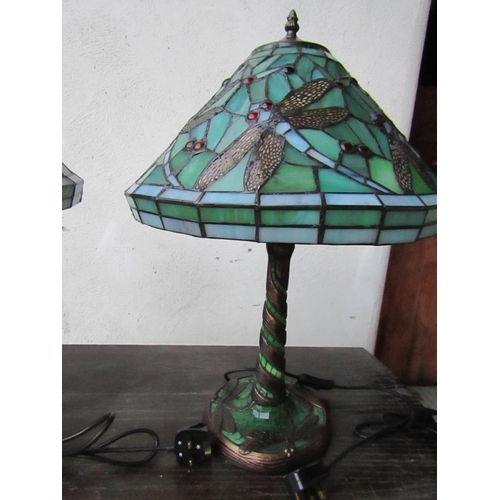 428 - Pair of Tiffany Dragonfly Motif Bronze Pedestal Table Lamps Electrified Working Order Approximately ... 