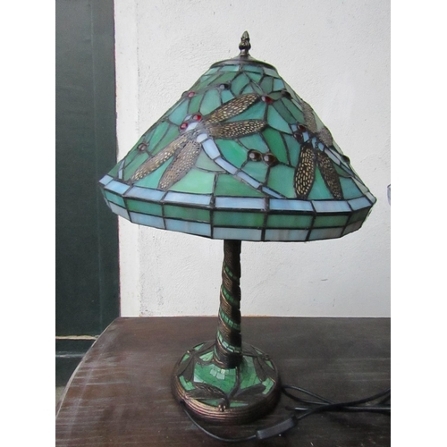 428 - Pair of Tiffany Dragonfly Motif Bronze Pedestal Table Lamps Electrified Working Order Approximately ... 