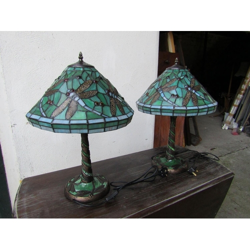 428 - Pair of Tiffany Dragonfly Motif Bronze Pedestal Table Lamps Electrified Working Order Approximately ... 