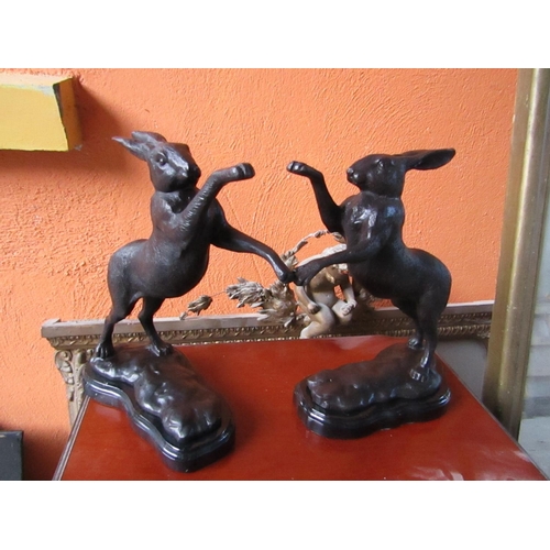 430 - Pair of Bronze Sculptures Boxing Hares Each Approximately 12 Inches High