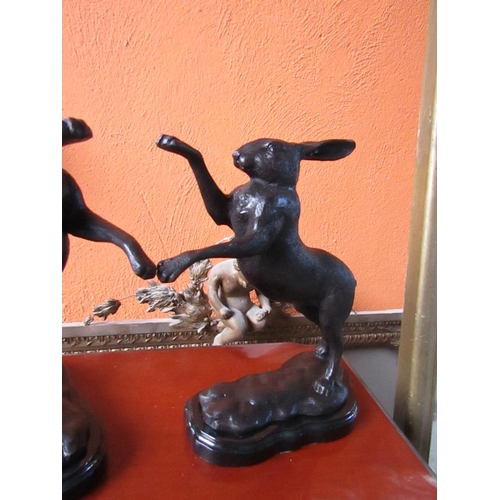 430 - Pair of Bronze Sculptures Boxing Hares Each Approximately 12 Inches High