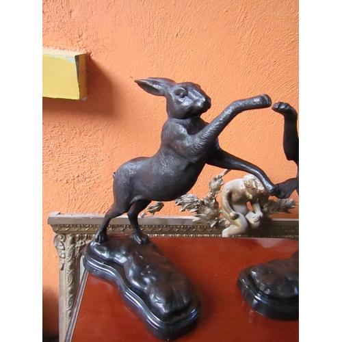 430 - Pair of Bronze Sculptures Boxing Hares Each Approximately 12 Inches High