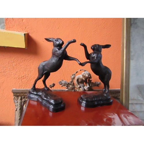 430 - Pair of Bronze Sculptures Boxing Hares Each Approximately 12 Inches High