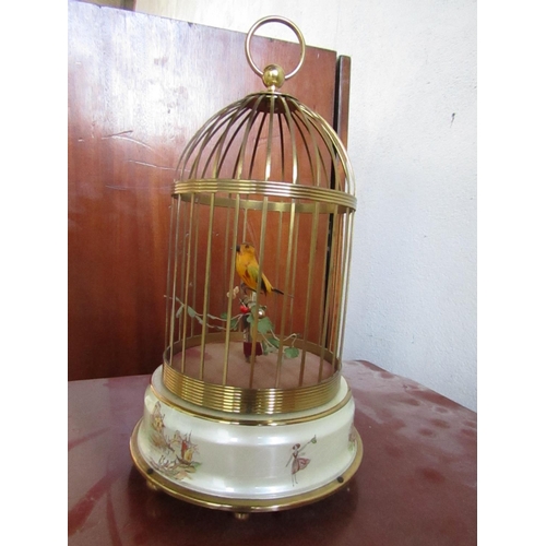 431 - Vintage Bird Cage Musical Automaton Attractively Detailed Gilt Decorated with Further Scenes to Base... 