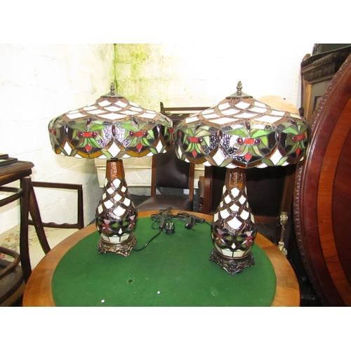 432 - Pair of Shaped Form Bronze Mounted Tiffany Stain Glass Table Lamps Electrified Working Order Each Ap... 