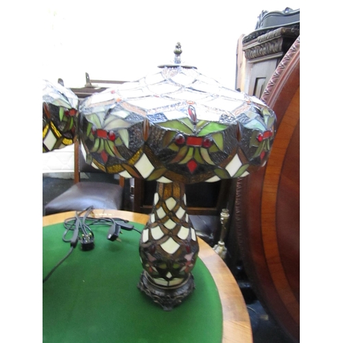 432 - Pair of Shaped Form Bronze Mounted Tiffany Stain Glass Table Lamps Electrified Working Order Each Ap... 