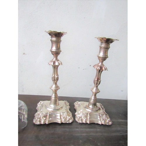 435 - Pair of Antique Silver Plated Candle Sticks Rococo Form with Pair of Cut Crystal Shades