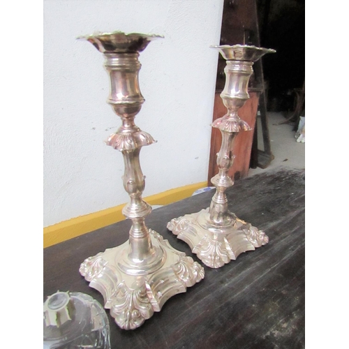 435 - Pair of Antique Silver Plated Candle Sticks Rococo Form with Pair of Cut Crystal Shades