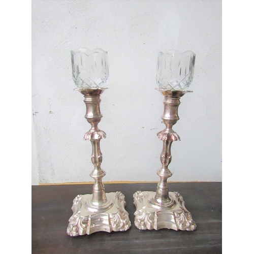 435 - Pair of Antique Silver Plated Candle Sticks Rococo Form with Pair of Cut Crystal Shades