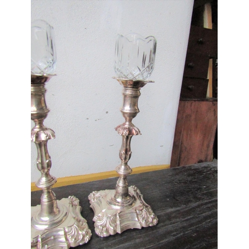 435 - Pair of Antique Silver Plated Candle Sticks Rococo Form with Pair of Cut Crystal Shades