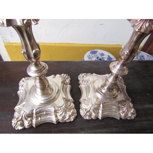 435 - Pair of Antique Silver Plated Candle Sticks Rococo Form with Pair of Cut Crystal Shades