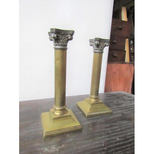 436 - Pair of Antique Cast Brass Corinthian Column Candle Sticks Each Approximately 10 Inches High