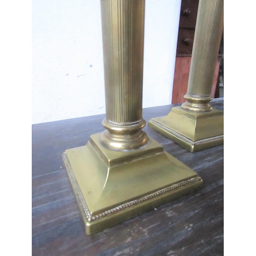 436 - Pair of Antique Cast Brass Corinthian Column Candle Sticks Each Approximately 10 Inches High