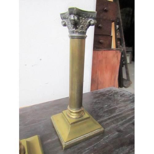 436 - Pair of Antique Cast Brass Corinthian Column Candle Sticks Each Approximately 10 Inches High