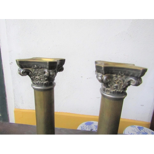 436 - Pair of Antique Cast Brass Corinthian Column Candle Sticks Each Approximately 10 Inches High