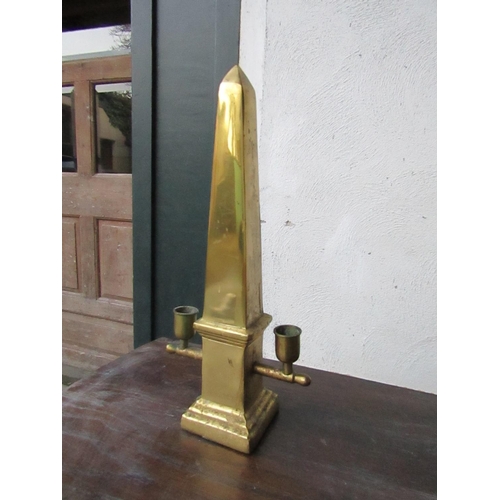 439 - Obelisk Twin Sconce Candle Rest Cast Brass Antique Approximately 11 Inches High