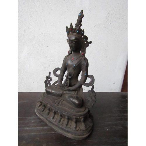 442 - Eastern Bronze Buddha Seated Position with Gemstone Decoration Approximately 13 Inches High