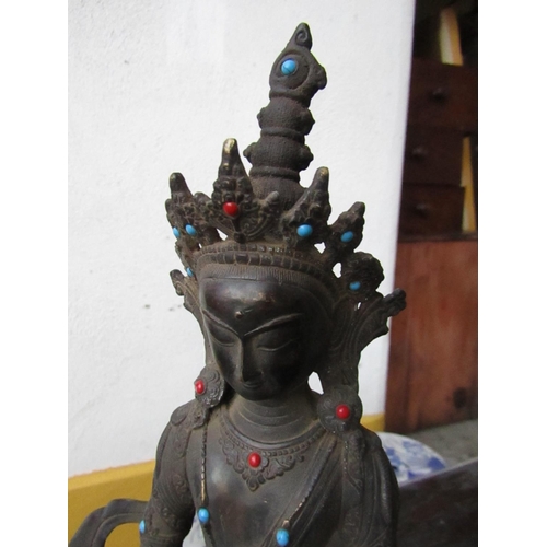 442 - Eastern Bronze Buddha Seated Position with Gemstone Decoration Approximately 13 Inches High