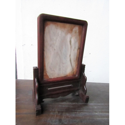 443 - Oriental Hard Stone Table Screen with Cherrywood Frame and Stand Approximately 10 Inches High