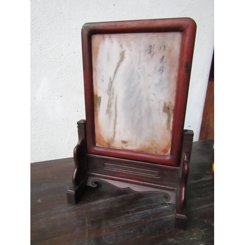 443 - Oriental Hard Stone Table Screen with Cherrywood Frame and Stand Approximately 10 Inches High