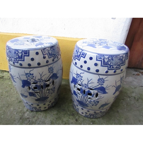 445 - Pair of Oriental Blue and White Barrel Seats Each Approximately 22 Inches High