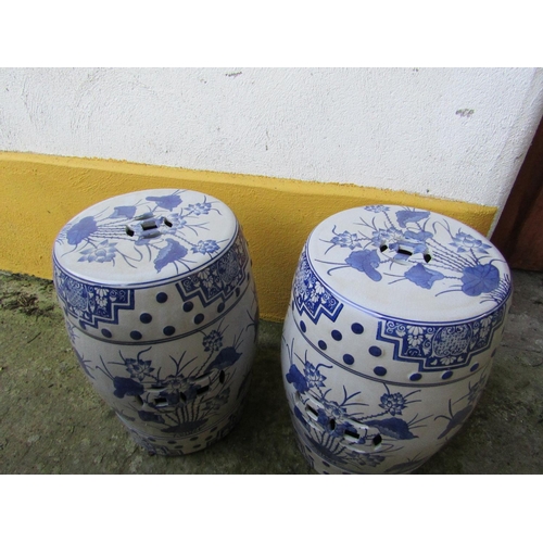 445 - Pair of Oriental Blue and White Barrel Seats Each Approximately 22 Inches High