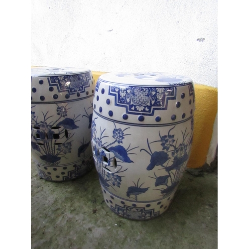 445 - Pair of Oriental Blue and White Barrel Seats Each Approximately 22 Inches High