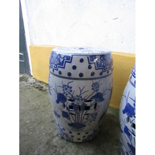 445 - Pair of Oriental Blue and White Barrel Seats Each Approximately 22 Inches High