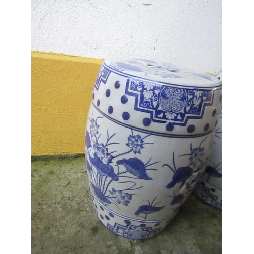 445 - Pair of Oriental Blue and White Barrel Seats Each Approximately 22 Inches High