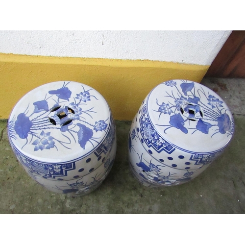 445 - Pair of Oriental Blue and White Barrel Seats Each Approximately 22 Inches High