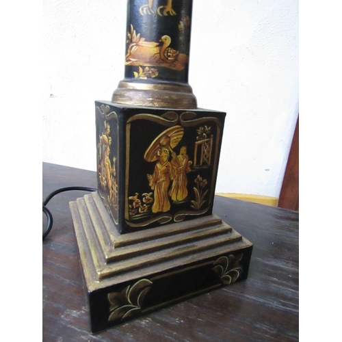 447 - Toleware Table Lamp Pedestal Form Approximately 20 Inches High Working Order with Pagoda Form Shade ... 