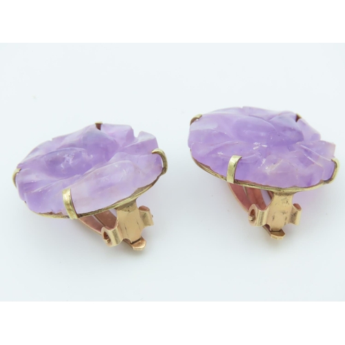 454 - Pair of 14 Carat Yellow Gold Mounted Carved Amethyst Earrings of Attractive Colour