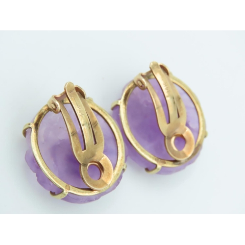 454 - Pair of 14 Carat Yellow Gold Mounted Carved Amethyst Earrings of Attractive Colour