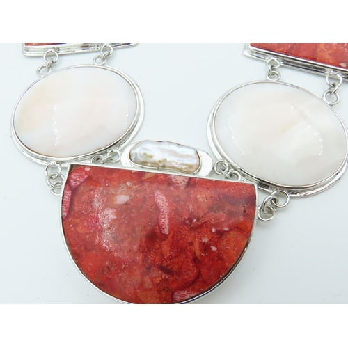 459 - Solid Silver Mounted Coral Set Ladies Necklace of Geometric Design