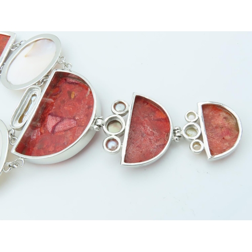 459 - Solid Silver Mounted Coral Set Ladies Necklace of Geometric Design