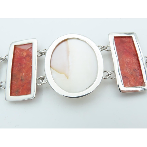 459 - Solid Silver Mounted Coral Set Ladies Necklace of Geometric Design