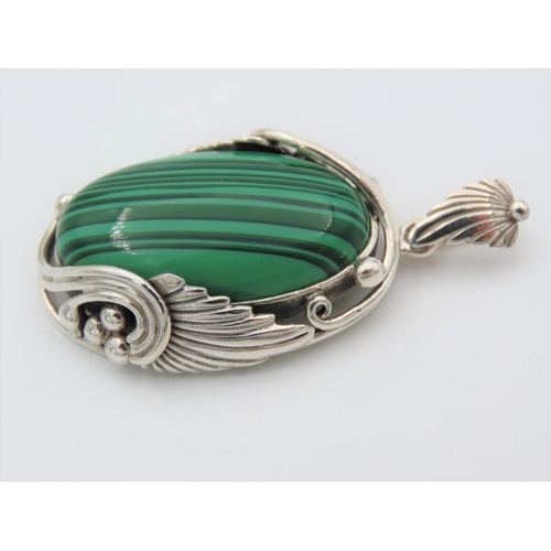 463 - Solid Silver Mounted Malachite Necklace Pendant Attractive Colour